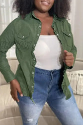 Hnewly - Army Green Fashion Casual Solid Patchwork Turndown Collar Long Sleeve Regular Denim Jacket